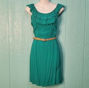 ❤️ Green dress elastic at waist ruffles in the neck sleeveless belt Size  7/8